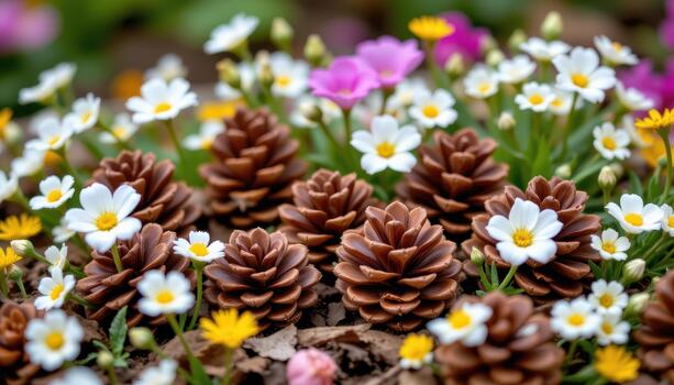 A charming display of pine cones among flowers, creating a whimsical and cozy natural spring scene. photo