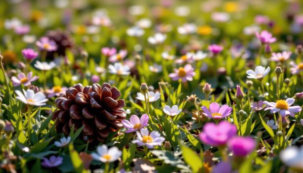 Pine cones lying in a field of wildflowers with dew drops sparkling on delicate petals in sunlight. photo