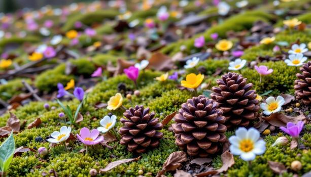 A serene forest floor scene with pine cones surrounded by colorful spring flowers and soft moss textures. photo
