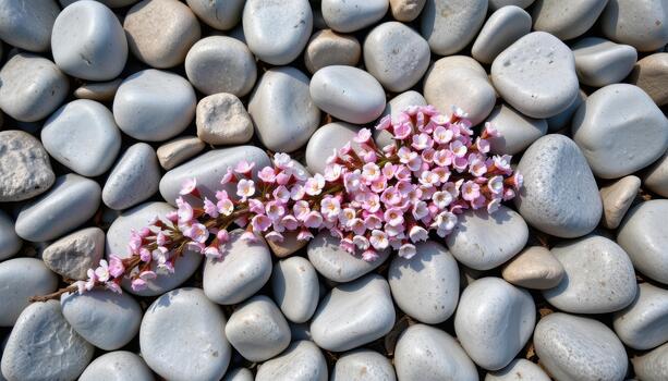Smooth pebbles covered partially with tiny blossoms, creating a harmonious and delicate natural pattern. photo
