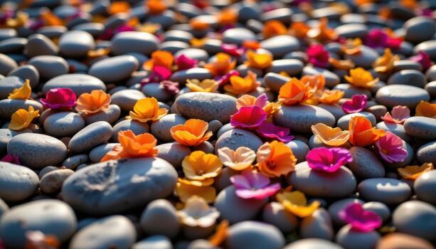 Smooth pebbles covered with colorful petals, dew drops sparkling, sunlight casting warm natural glow. photo