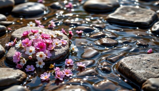 Flowers resting on river stones, scattered naturally, gentle sunlight casting soft patterns on surface. photo