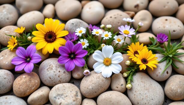 Wildflowers lying on smooth pebbles, creating a harmonious and calming natural arrangement. photo