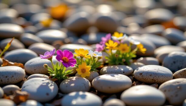 Small colorful flowers resting on smooth pebbles, dew drops sparkling and sunlight illuminating gently. photo