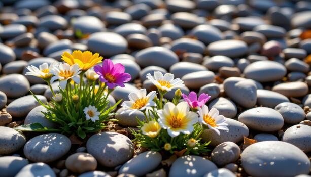Smooth pebbles covered with wildflowers, dew drops sparkling, sunlight highlighting petals gently. photo
