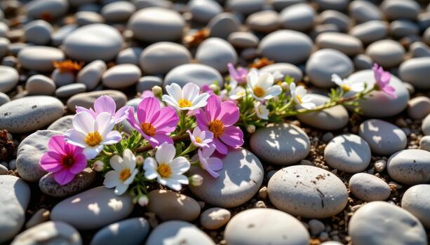 Wildflowers lying on smooth pebbles, creating peaceful natural patterns with soft sunlight illumination. photo
