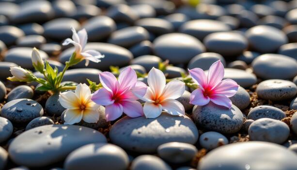 Flowers resting delicately on gray pebbles, dew drops sparkling, soft sunlight illuminating natural textures. photo
