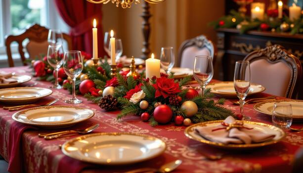 Holiday dinner table with red and gold decorations, neatly arranged plates, and glowing candles. photo