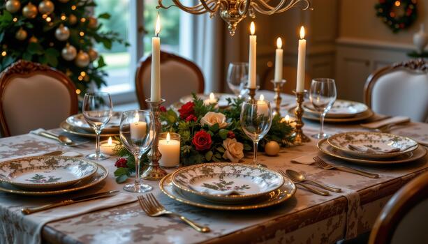 Elegant festive table with patterned plates, candles, and seasonal greenery under warm glowing light. photo