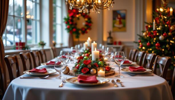 Festive table with red and green decorations, twinkling lights, and neatly arranged cutlery. photo