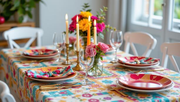 A cheerful table setting with vibrant plates, patterned napkins, and twinkling candles for celebration. photo