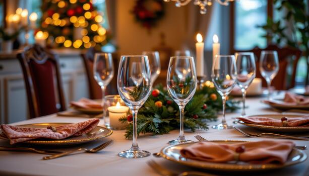 Festive dinner table with sparkling glassware, patterned napkins, and cozy warm lighting. photo