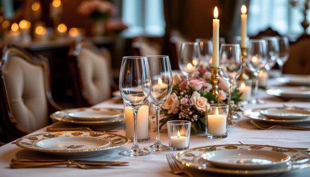 Elegant festive table with crystal glasses, patterned plates, and candles casting soft warm glow. photo