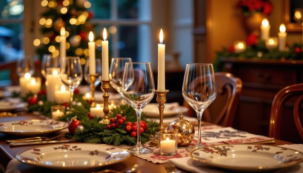 Festive table set with sparkling glassware, candles, patterned plates, and cozy warm lighting. photo