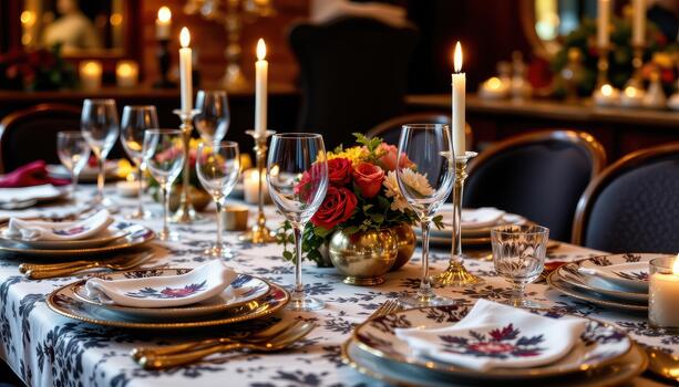 Elegant festive table with patterned plates, sparkling glassware, and glowing candlelight. photo