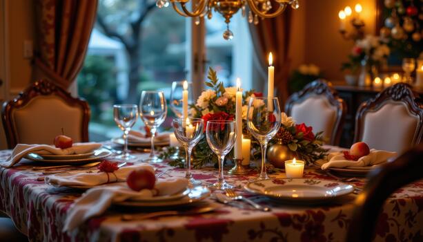 Festive dinner table with patterned crockery, crystal glasses, and candles casting soft warm glow. photo