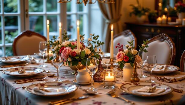 Elegant festive table with patterned plates, floral accents, and glowing candlelight under soft lighting. photo