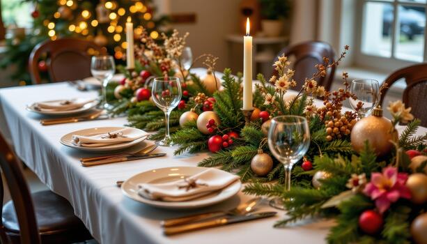 Festive dinner table with pine branches, ornaments, and floral accents, softly illuminated under warm light. photo