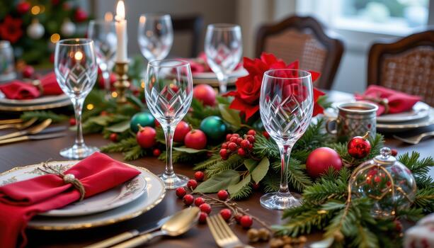 Holiday table with red and green decorations, patterned plates, and softly glowing crystal glasses. photo