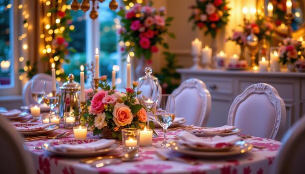 Elegant festive table with patterned crockery, twinkling lights, and floral decorations under soft ambiance. photo