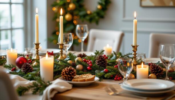 Festive table adorned with candles, ornaments, pinecones, and polished silverware under warm glow. photo