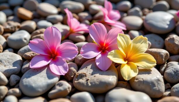 Pink and yellow blossoms resting on smooth pebbles, dew drops sparkling, sunlight highlighting textures. photo