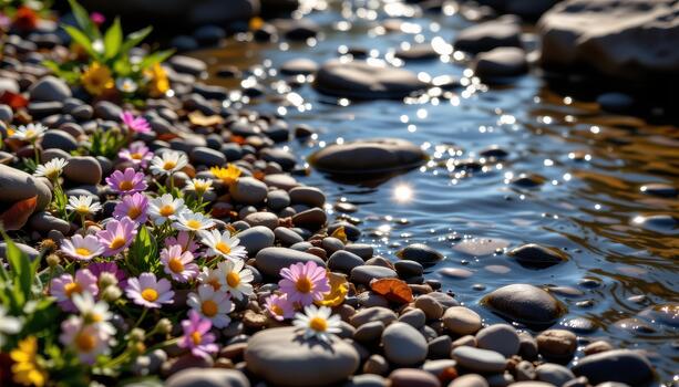 Flowers scattered across pebbles near stream, dew drops sparkling, sunlight creating calm reflective glow. photo