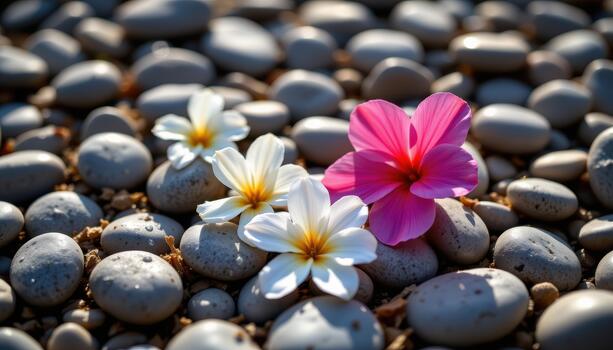 Flowers resting delicately on gray pebbles, dew drops sparkling, sunlight highlighting textures and petals. photo