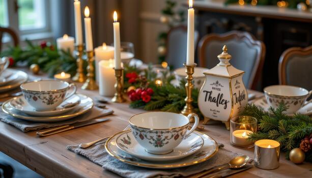 Elegant festive table with patterned crockery, twinkling candles, and pine branches arranged neatly. photo