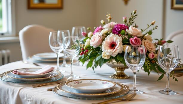 Elegant table setting with sparkling glassware, patterned plates, and seasonal floral centerpiece. photo