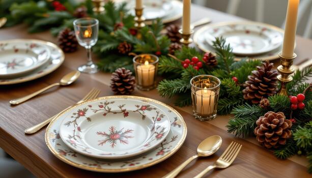Elegant festive table with patterned plates, golden cutlery, pinecones, and softly glowing candles. photo