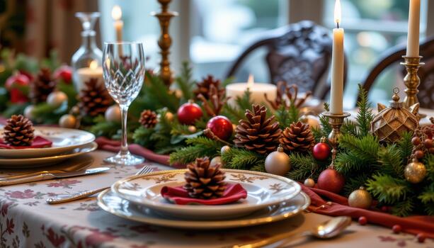 Festive table with pinecones, ornaments, crystal glasses, and neatly arranged patterned plates. photo