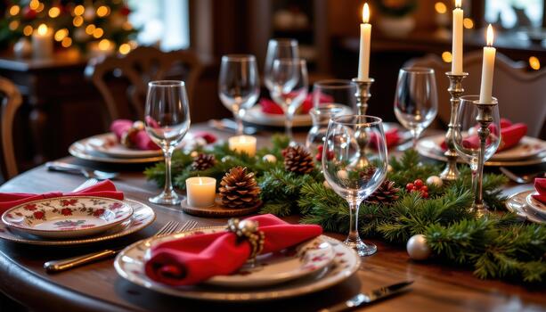Festive dinner table with red napkins, pinecones, patterned plates, sparkling glassware, and glowing candles. photo