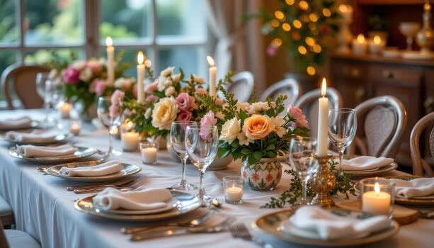 Table set with floral accents, patterned crockery, sparkling glassware, and candles under warm ambient light. photo