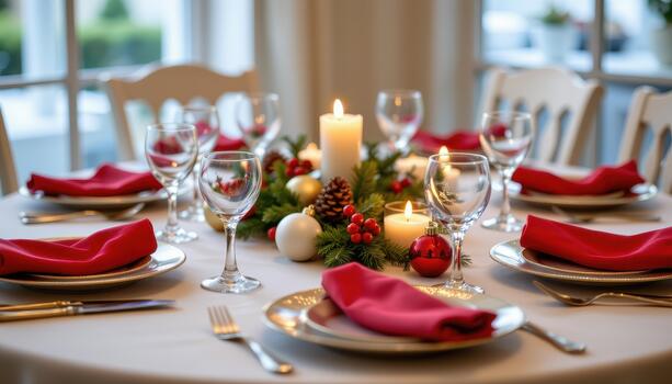 Table set with ornaments, pinecones, red napkins, sparkling glassware, and candles under warm light. photo