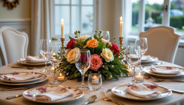 Holiday dinner table with sparkling glassware, floral centerpiece, patterned plates, and softly glowing candles. photo