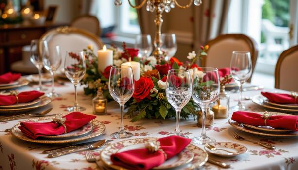 Elegant festive table with sparkling glassware, red napkins, patterned plates, and floral decorations. photo
