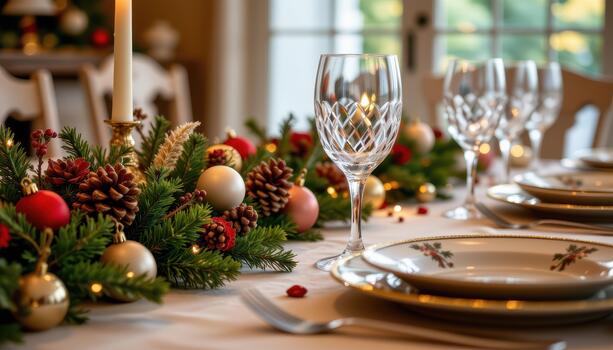 Festive table setting with pinecones, ornaments, crystal glasses, and patterned plates under warm light. photo