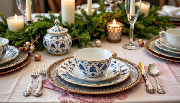 Elegant festive table with patterned crockery, candles, pine branches, and polished silverware neatly placed. photo