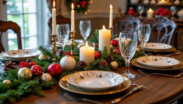 Holiday table with ornaments, candles, pinecones, crystal glasses, and patterned plates neatly arranged. photo