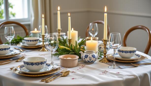 Table set for celebration with patterned crockery, pine branches, candles, and sparkling glassware. photo