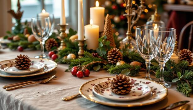 Elegant festive table decorated with pinecones, candles, patterned plates, and crystal glasses. photo