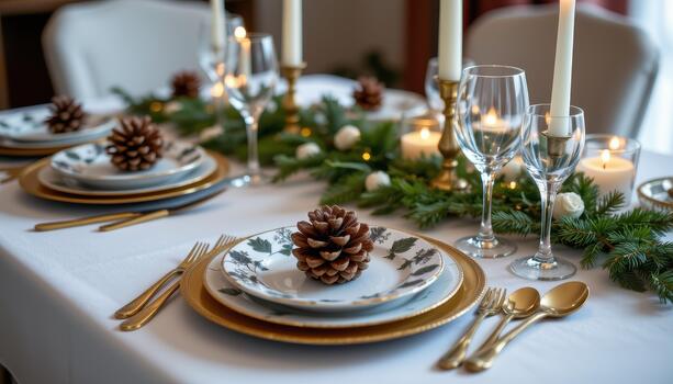 Table set with pinecones, patterned plates, golden cutlery, crystal glasses, and softly glowing candles. photo