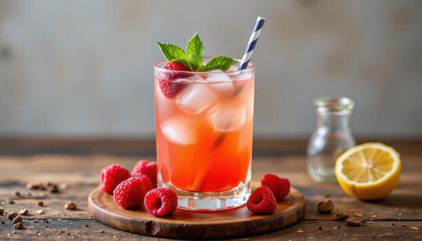 Raspberry honey mocktail with warm sheen. photo