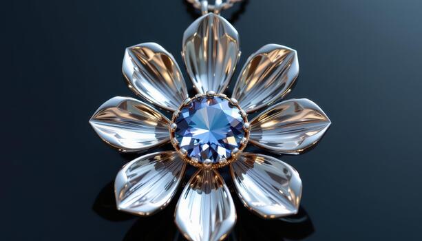 Elegant flower pendant adorned with smooth metallic surfaces and luminous gemstone core. photo