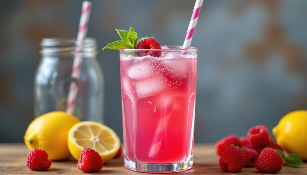 Raspberry lemonade mocktail with vibrant pink sparkles. photo