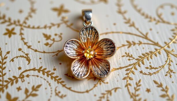 Delicate flower pendant presented with fine metal texture and softly glowing core. photo