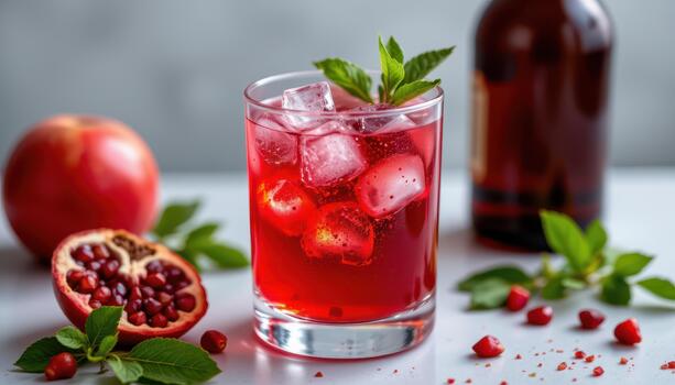 Pomegranate sparkle mocktail with ruby red shine and bubbles. photo