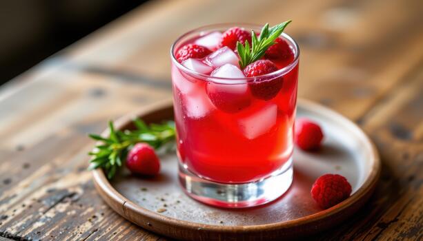 Sparkling berry mocktail served over crushed ice with fresh raspberries and a sprig of rosemary. photo