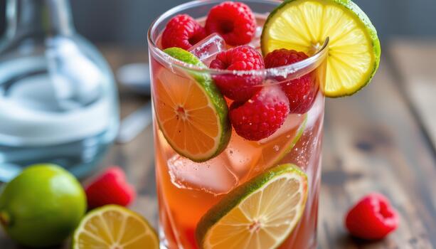 Raspberry lime mocktail with crushed raspberries, lime wedges, and sparkling water in a glass. photo